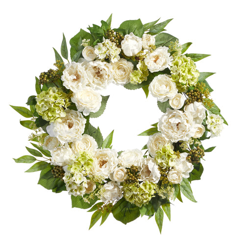 26" White Peony, Ranunculus, and Geranium Wreath
