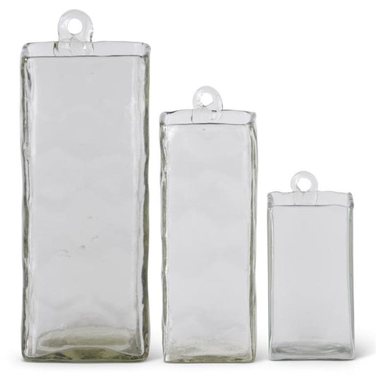 SET OF 3 HAND-BLOWN SQUARE CLEAR GLASS HANGING VASES